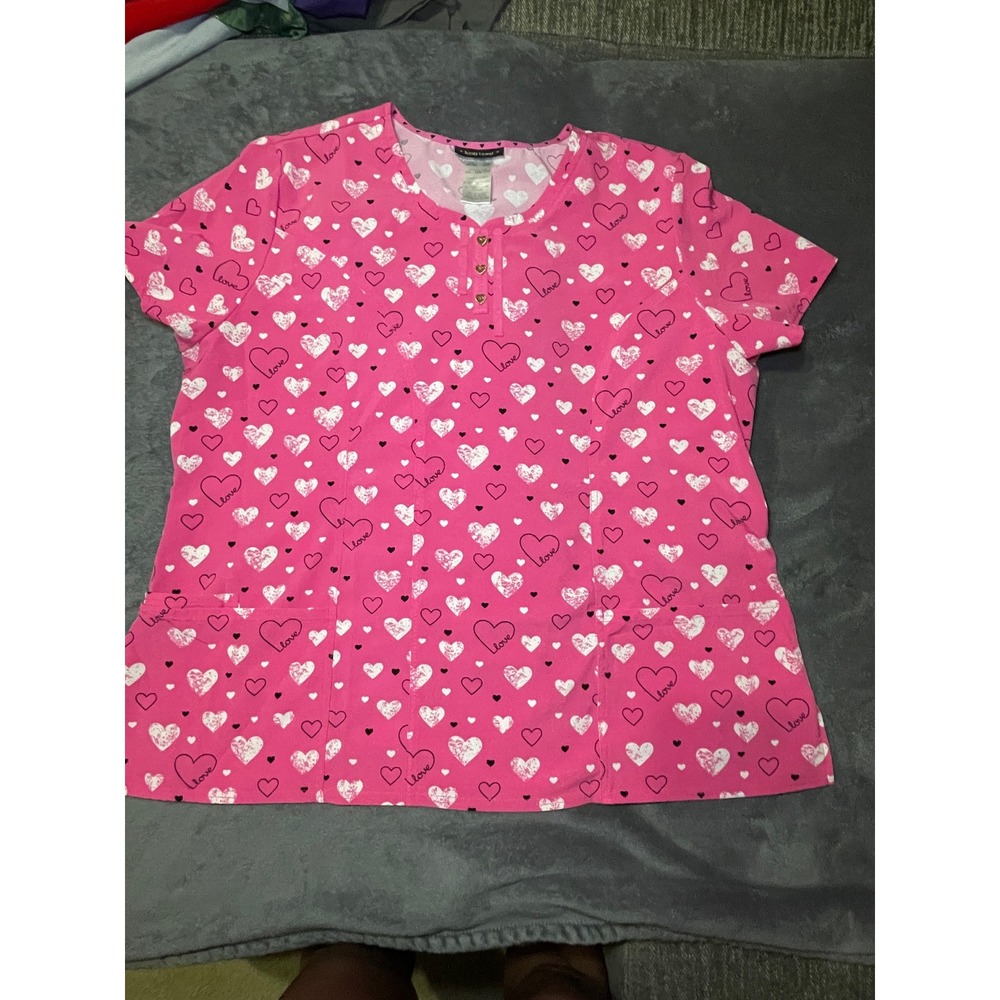 Heartsoul Scrub Top Womens 3XL Pink Heart Love 20783 Henley 20783 Stretch Plus